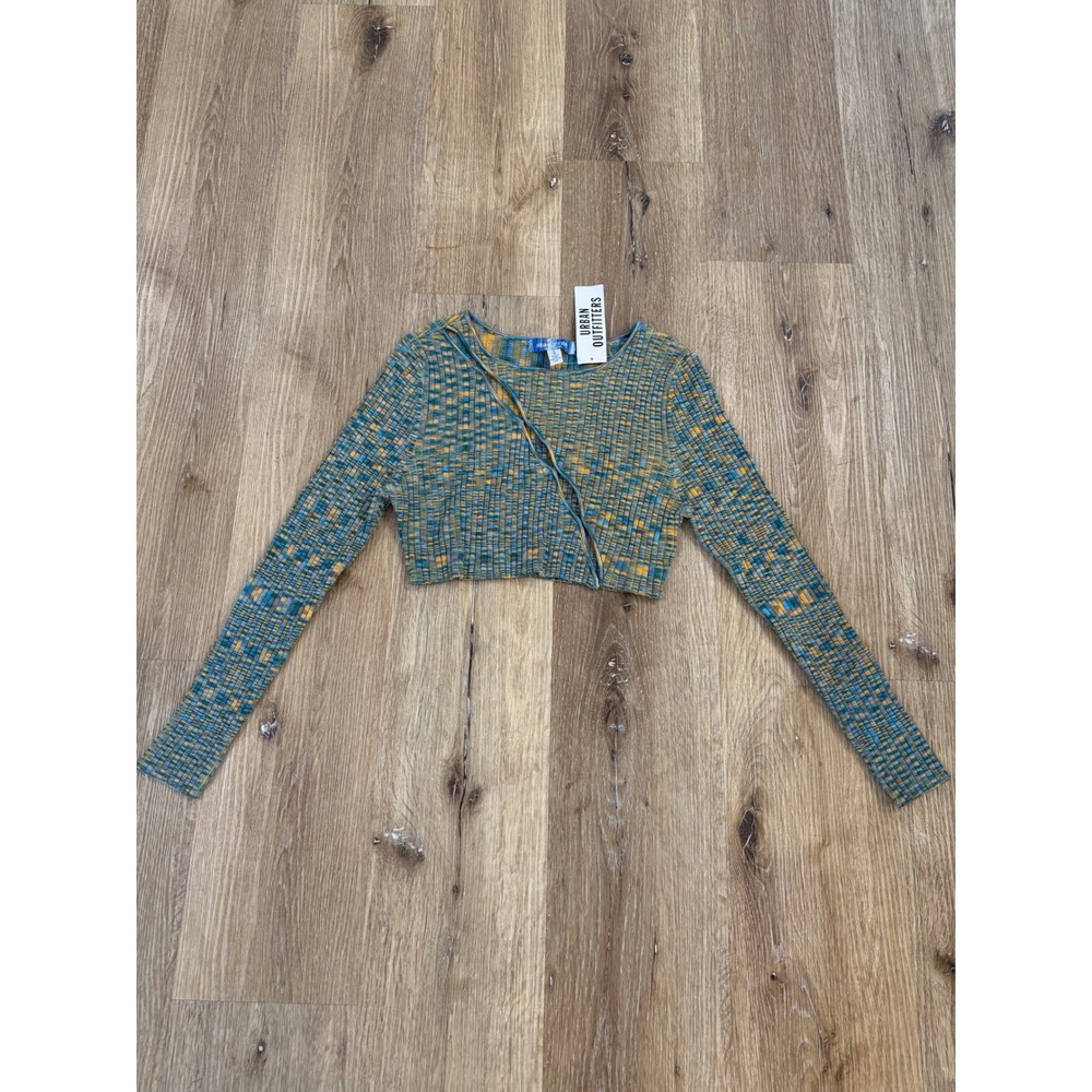 Urban Outfitters Crop Top Womens Large Green Blue Space Dye Hook Eye Long Sleeve